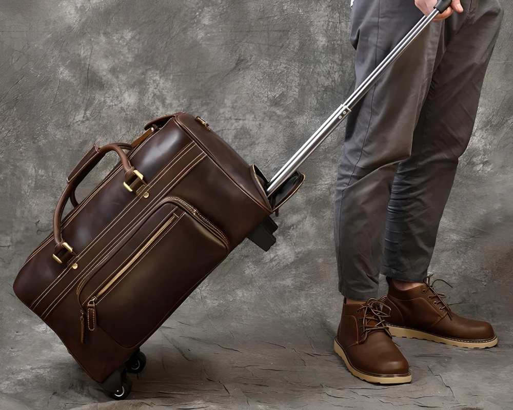 leather luggage on wheels