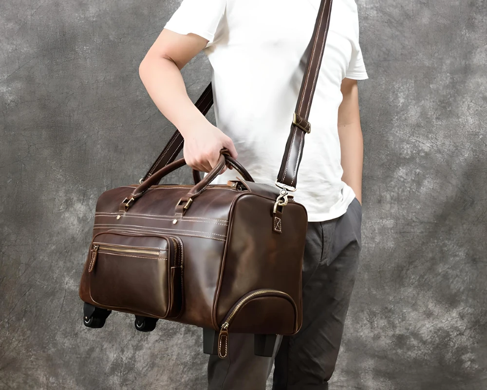 leather luggage on wheels